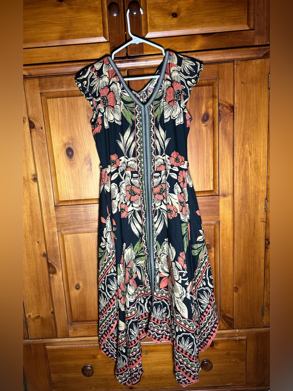 Lola P. Bohemian Floral V-Neck Handkerchief Hem Midi Dress (Perfect Fall Dress)